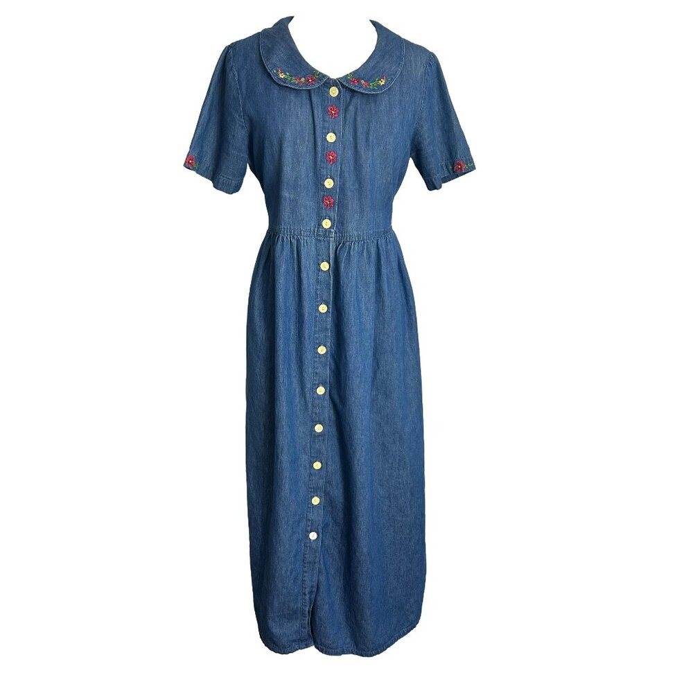 Vintage True Blue Denim Dress Floral Embroidery Womens Size Medium Modest Button